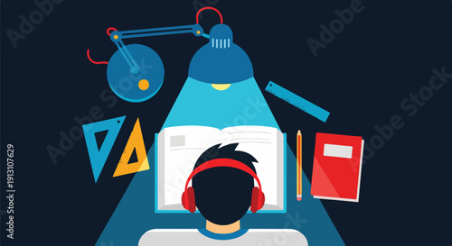 Student wearing headphones studying at desk with books, lamp, and geometric shapes, representing education and learning.