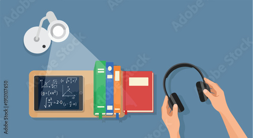 Student learning with tablet, books, headphones and desk lamp on a shelf, representing education and knowledge