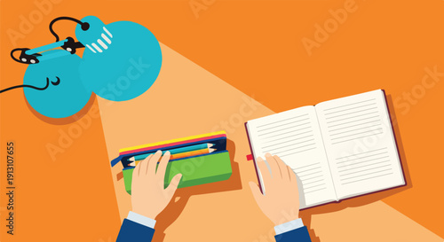 Student's hands opening a book and taking pencils from a pencil case under a desk lamp, top view, flat design