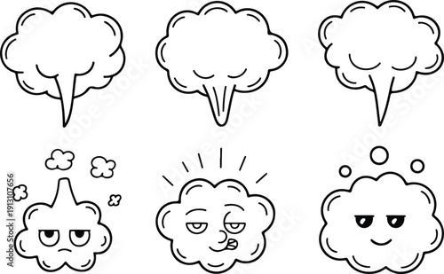 Fart Cloud Line Icons  Comic Smoke Poof and Gas Doodle Set
