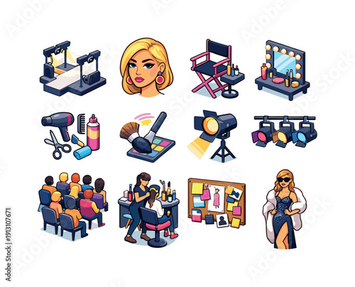    Fashion week. Colorful isometric vector icons set of fashion week: runway stage, model face close-up, makeup chair, backstage mirror, stylist