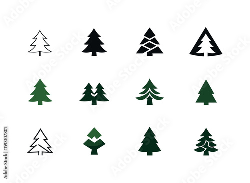 Diverse Forest Logos. Forest. Icon set. Set Logo of Forest: evergreen pine tree. harmonious logo variations of the same emblematic concept, each with different