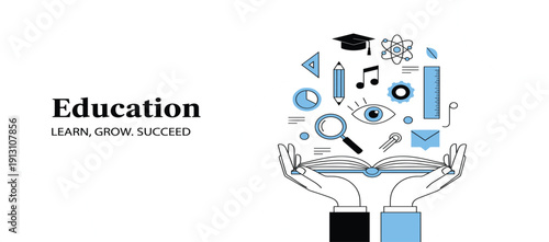 Education Concept Illustration with Open Book Hands and Learning Icons for Knowledge Growth Study Motivation and Academic Success Design Projects