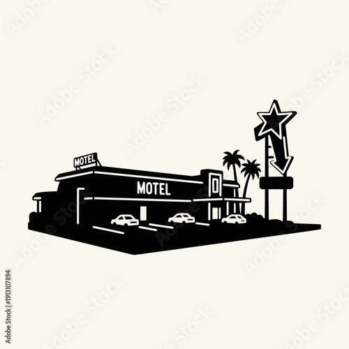 Retro Motel Building with Star Sign and Palm Trees.