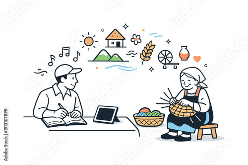 Capturing Rural Heritage. Documenting rural cultural heritage. A researcher gently recording traditional songs and crafts in a small village, notebooks and a