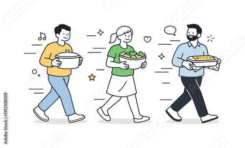 Bringing homemade food to share. Editorial scene showing people arriving with bowls and dishes in their hands, gentle smiles and relaxed