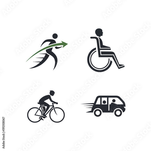 Set of Icons Representing Different Modes of Transportation and Mobility.