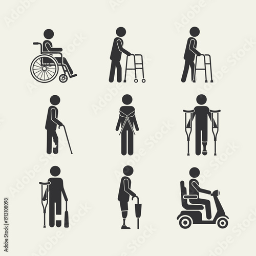 Set of Icons Representing People with Disabilities and Mobility Aids 1.