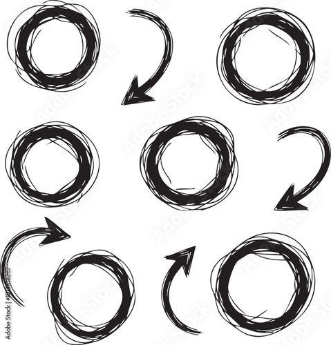 A simple black and white illustration of curved arrows pointing in different directions