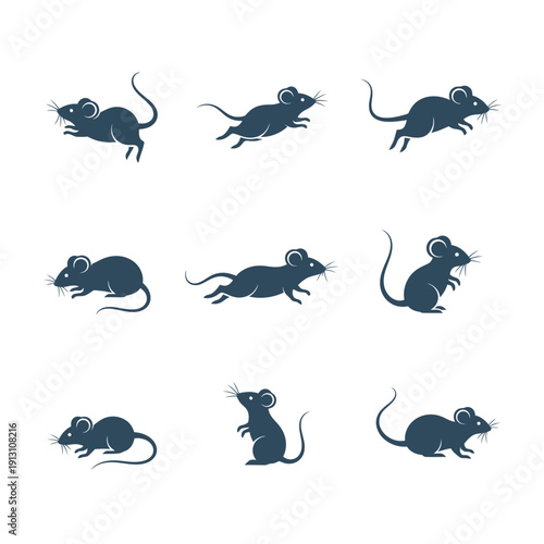 Set of nine dark blue mouse silhouettes in various poses.