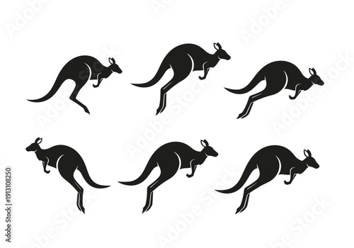 Set of Six Kangaroo Silhouettes in Motion.
