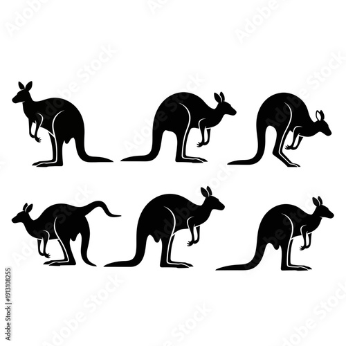 Set of six black kangaroo silhouettes in different poses.
