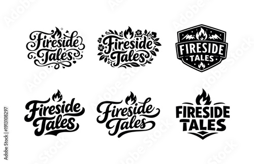 Fireside tales lettering. Set lettering. harmonious lettering variations of the same emblematic concept, each with different artistic
