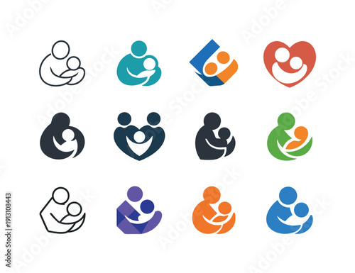    Personal milestones in relationships and family. Icon set. Set Logo of personal milestones in relationships and family: parent and child