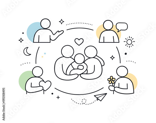 Supportive Family Network. Helping someone with a new baby or adopting children. An abstract editorial visualization of support networks around a family, shown