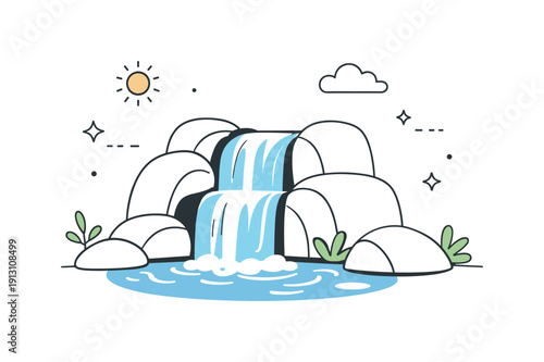 Waterfall in nature. A minimal editorial scene with flowing water, rocks, and open space. Calm colors and simple shapes convey relaxation and