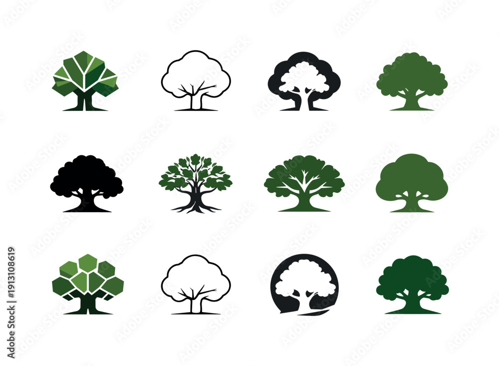 Obraz premium Forest. Icon set. Set Logo of forest: single oak tree. harmonious logo variations of the same emblematic concept, each with different