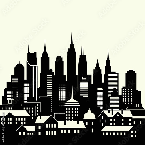 Silhouette of a sprawling city skyline with diverse architecture.