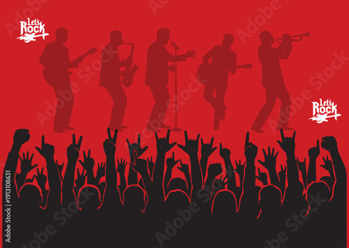Rock Concert Crowd Silhouettes with Rock On Hand Gesture on Red Background