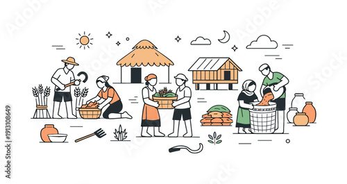 Early farming communities. People gathering harvest and storing crops in simple structures, showing cooperation, seasonal work, and early