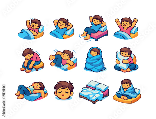 Lazy stretching. Colorful isometric vector icons set of Lazy stretching: half-asleep stretch, arms behind head, leg shake in bed, eyes closed