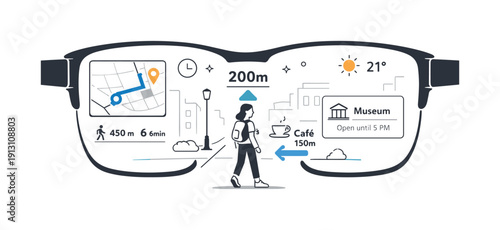 Smart Glasses Navigation. Augmented reality eyewear. Smart glasses displaying navigation and contextual information, focused and intuitive experience. Simple