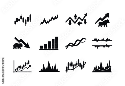 Stock Market Chart. Solid icon set of Stock Market Chart: stock candlesticks, market line graph, price fluctuation, bullish arrow, bearish