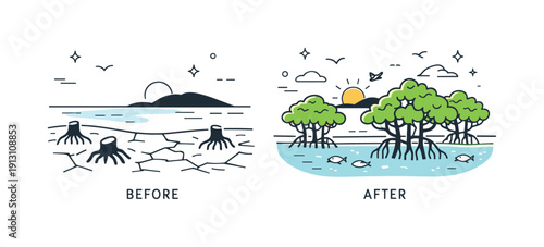 Mangrove restoration. Before-and-after scene showing a bare coastline transforming into a healthy mangrove forest. The mood conveys recovery,