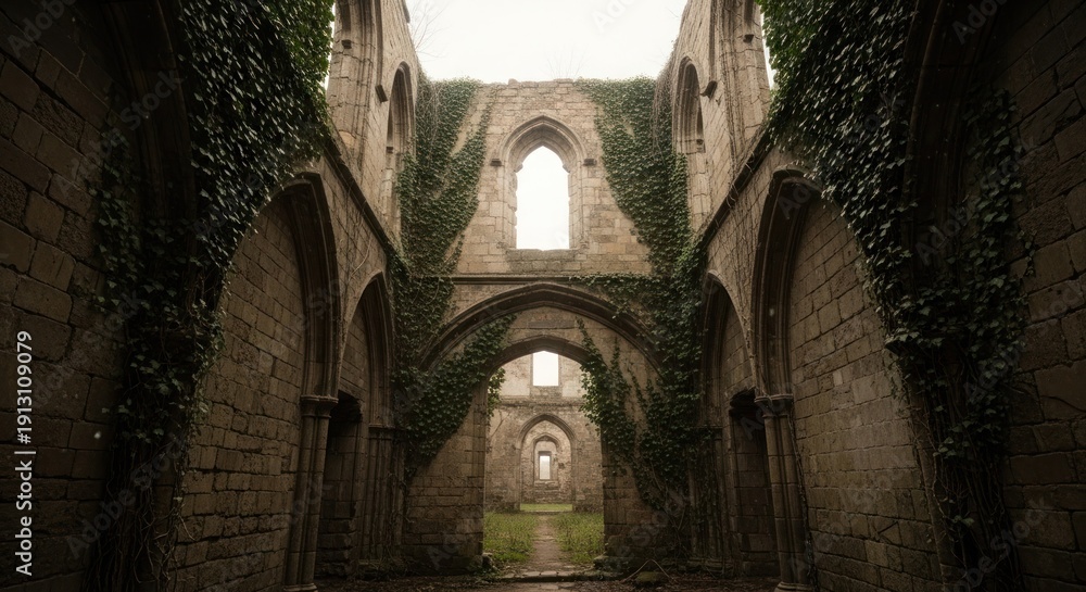 Naklejka premium Interior view of crumbling stone structure with arched windows, overgrown with vines