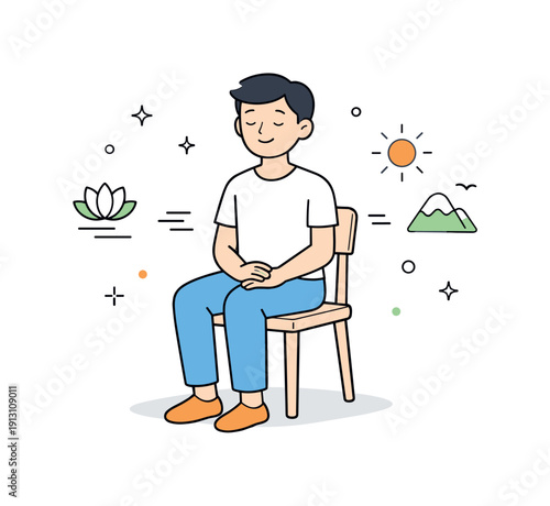 Moment of contemplation. A character seated on a simple chair with eyes closed, breathing calmly. The scene suggests mindfulness, balance,