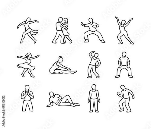 Relaxing dance styles. Line icon set of Relaxing dance styles: contemporary flow, modern slow dance, tai chi motion, lyrical arms, meditative
