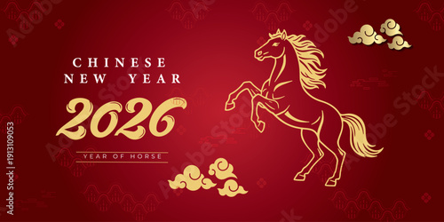 2026 Chinese New Year of the Horse illustration with golden horse and red background