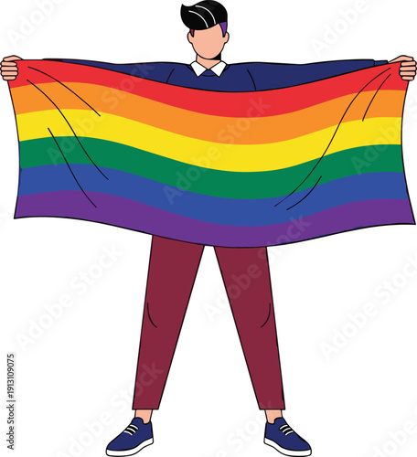 Man standing and holding a large rainbow pride flag representing LGBTQ equality diversity and inclusion isolated on white background background