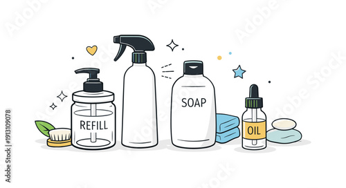 Minimal Eco Bottles. Refill bottles set. Minimal refillable bottles arranged neatly, showing sustainable packaging and everyday eco-friendly use. Clean and