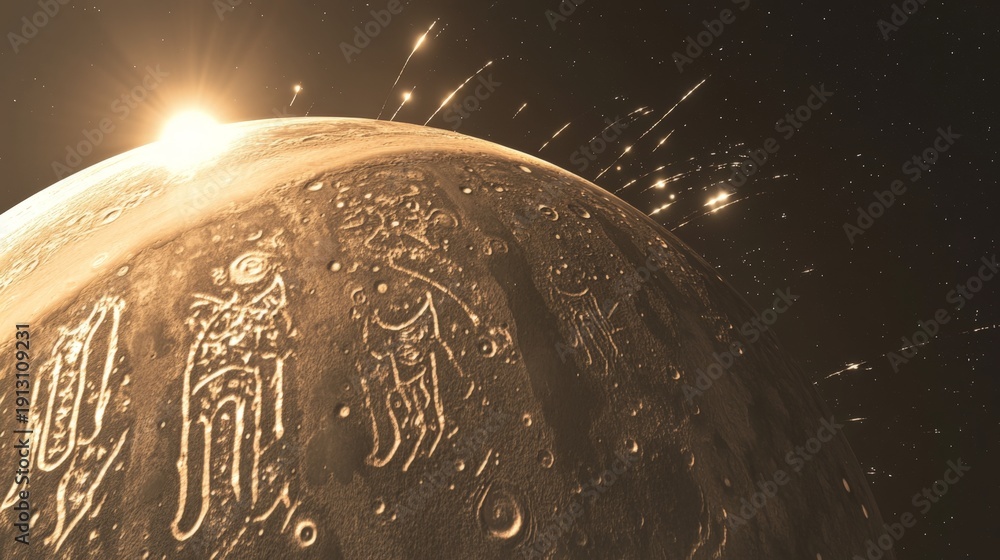 Fototapeta premium A planet with a large sun in the background and a large circle with writing on it. The writing is in a foreign language and he is a calendar