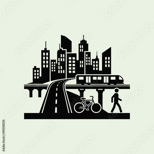 Urban transportation and city infrastructure illustration.
