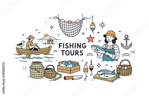 Sustainable fishing tourism and artisanal fishery tours. An editorial-style composition of traditional fishing tools, boats, and nets