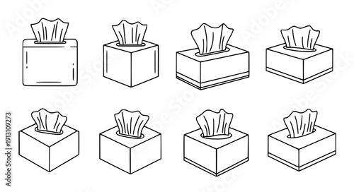 Tissue box with tissues emerging black and white vector icon set