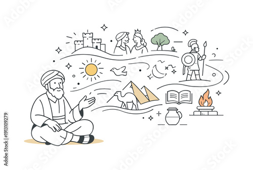 Ancient stories alive. A storyteller speaking while symbolic patterns and simple illustrations emerge in the air, connecting past and