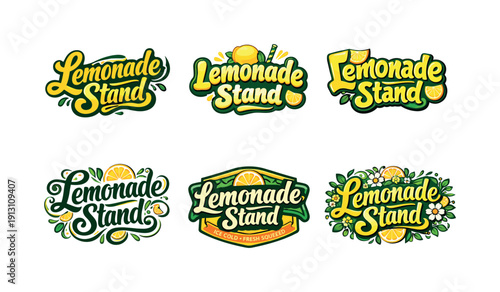 Artistic Lemonade Fonts. Lemonade stand. Set lettering. harmonious lettering variations of the same emblematic concept, each with different artistic