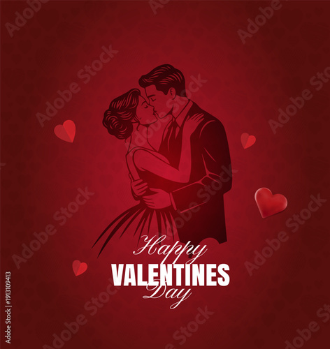 Romantic Happy Valentines Day illustration of a couple kissing, with hearts and red texture