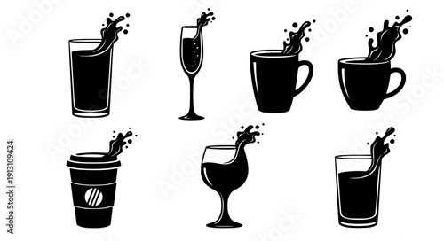 Beverage glass and cup silhouettes with splash black vector icons
