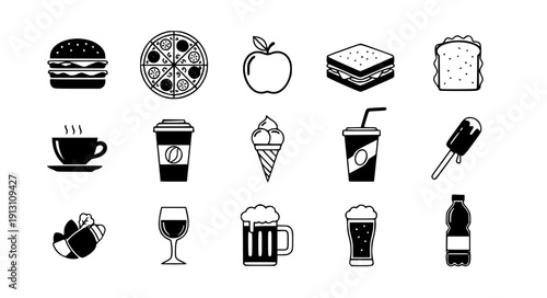Black and white food and drink icon set minimal vector collection