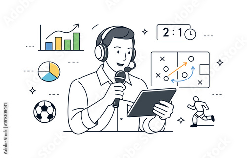 Sports game analysis. Commentator reviewing match highlights on a tablet while speaking into a microphone. Calm analytical mood with floating