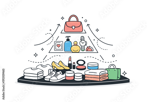 Visual merchandising pyramid. Products arranged from wide base to narrow top, clearly showing prioritization and visual flow. Abstract arrows