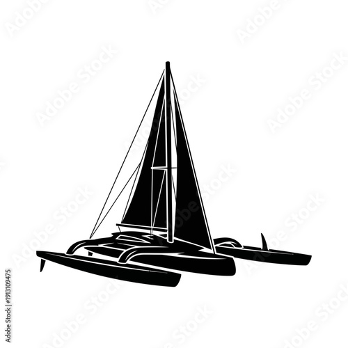 Black and white illustration of a modern racing trimaran sailboat.