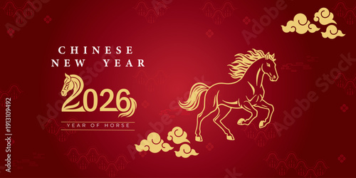 2026 Year of the Horse Chinese New Year horizontal banner with golden horse and red background