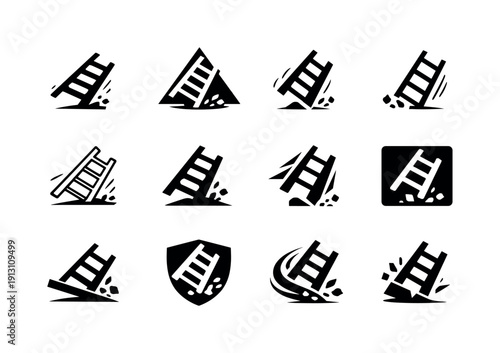    Unsafe ladders. Icon set. Set Logo of unsafe ladders: falling ladder. harmonious logo variations of the same emblematic concept, each with