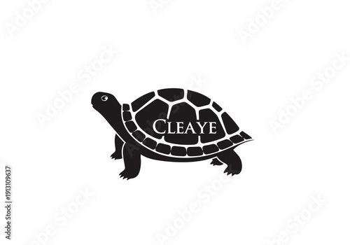 Black silhouette of a turtle with the word CLEAYE on its shell.