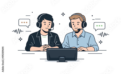 Game commentators. Two esports commentators speaking into headsets at a desk, calmly discussing the match while watching a screen. Focused